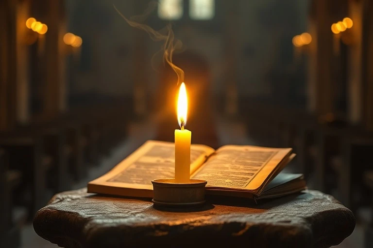 Vela votiva encendida en un altar, simbolizando la oración y la esperanza