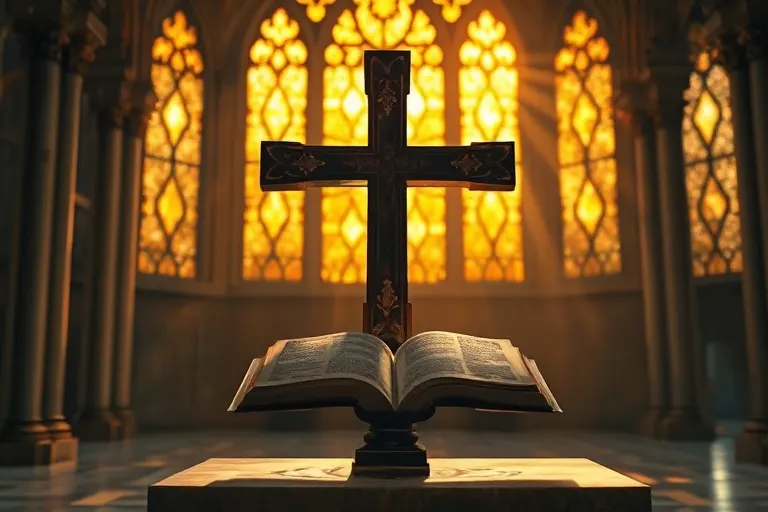 Cruz vacía en vitral con luz dorada