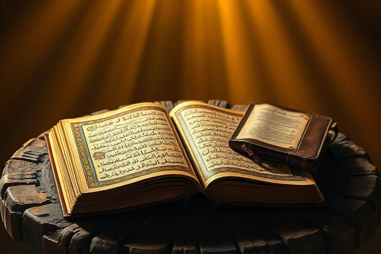Un antiguo Corán y una Biblia de cuero abiertas sobre una mesa rústica, iluminadas por una luz etérea.