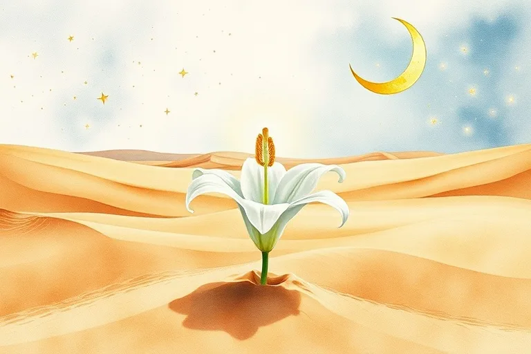 Pintura de acuarela de un lirio blanco floreciendo en un desierto, con una luna creciente estilizada y estrellas.
