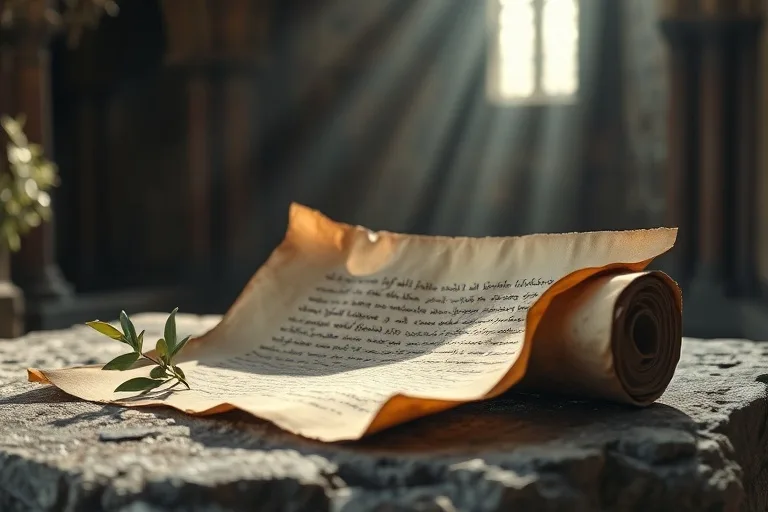 Fotografía cinematográfica de un pergamino antiguo y desgastado, parcialmente desenrollado sobre un altar de piedra, con texto hebreo apenas visible y una rama de olivo delicada a un lado.
