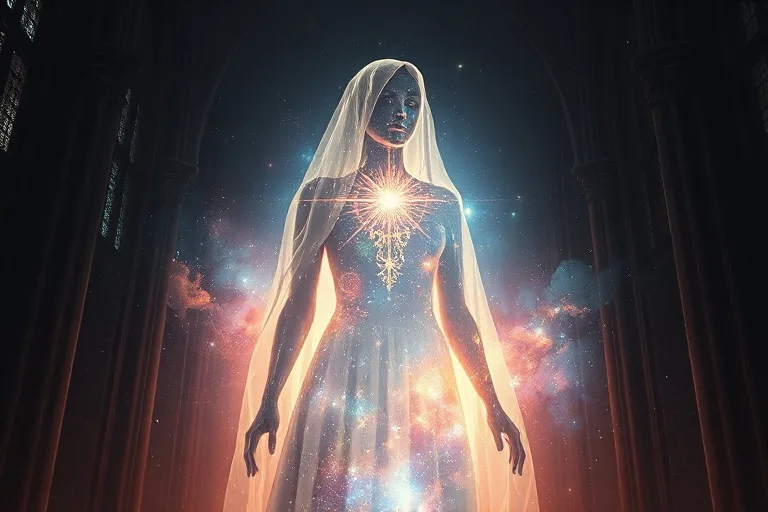 Pintura digital conceptual de una nebulosa cósmica en forma de silueta femenina velada, irradiando luz etérea con estrellas y galaxias incrustadas.