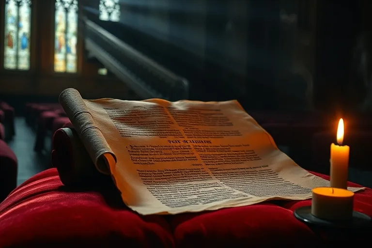 Un pergamino antiguo con escritura latina sobre un cojín de terciopelo, iluminado por una vela.