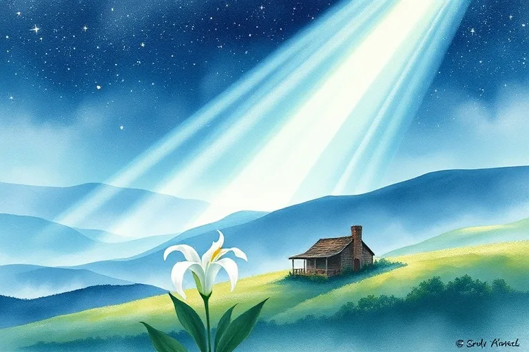 Una pintura acuarela de un lirio blanco en un paisaje sereno con una casa humilde bajo un cielo estrellado.