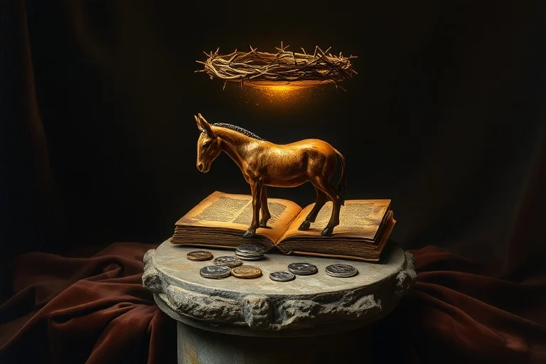 Pintura al óleo de una figura de burro tallada, monedas de plata y una corona de espinas etérea sobre terciopelo.