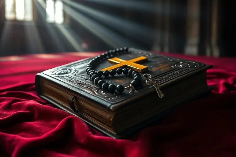 Libro antiguo encuadernado en cuero con un símbolo de cruz brillante en la cubierta, sobre un paño de terciopelo. Un rosario cuelga sobre el libro, iluminado por una luz etérea.