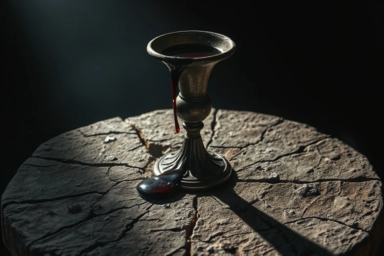 Una antigua copa de plata oxidada, desbordándose con un líquido oscuro y denso, proyectando sombras alargadas sobre un altar de piedra agrietado, simbolizando la corrupción y el engaño.