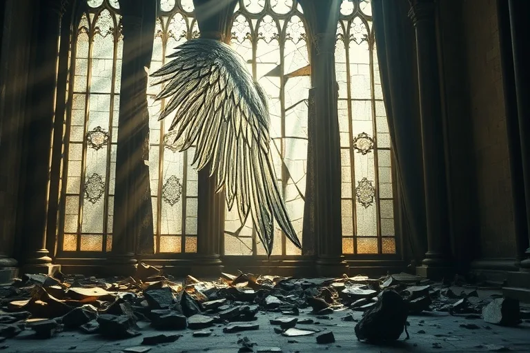 Un vitral fragmentado, con piezas dispersas y algunas aún adheridas a un marco roto, representando un ala angelical que una vez fue gloriosa. La luz que lo atraviesa es tenue y quebrada, simbolizando la gracia perdida y la belleza fracturada.