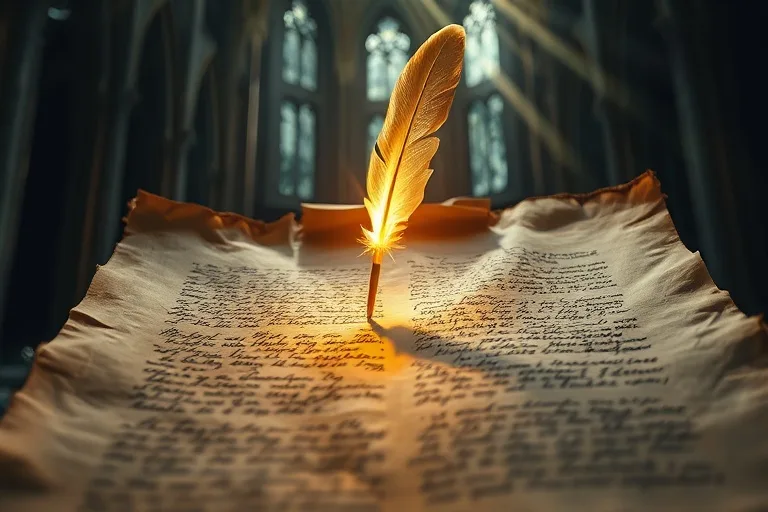 Fotografía cinematográfica de un pergamino antiguo con escritura caligráfica y una pluma luminosa, simbolizando la sabiduría y la guía espiritual ancestral.