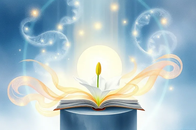 Pintura de acuarela abstracta con remolinos de luz y colores suaves alrededor de una delicada flor de lirio blanco, simbolizando la guía espiritual y la paz celestial.