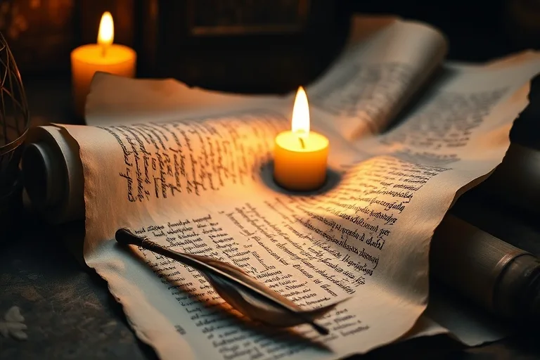 Pergaminos antiguos y gastados con escritura latina, iluminados por una vela, junto a una pluma de ave, simbolizando sabiduría y guía ancestral.