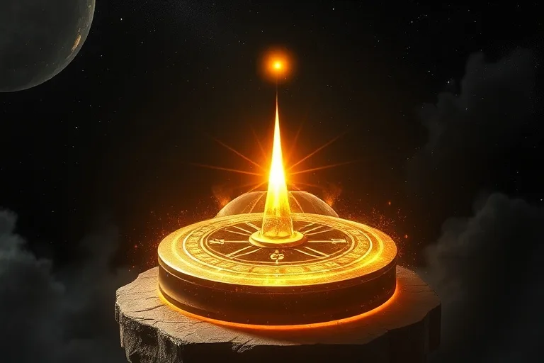 Renderizado 3D de una brújula abstracta hecha de luz, apuntando a una estrella distante, rodeada de polvo cósmico, simbolizando guía divina y destino.