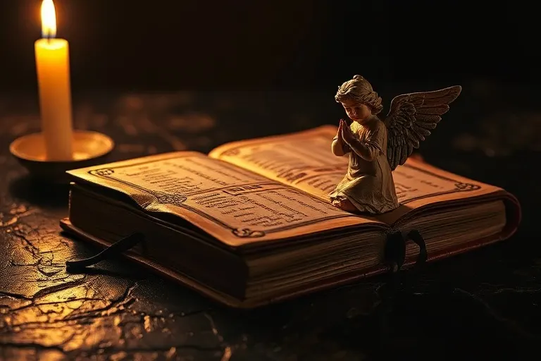 Libro de oraciones antiguo con una figura de ángel tallada, bajo la luz de una vela.