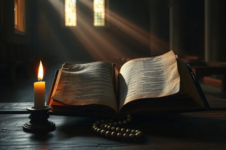 Fotografía cinematográfica de un antiguo libro de oraciones de cuero abierto sobre un altar de madera, iluminado por una vela parpadeante y un rosario, con una luz cálida y suave que realza las texturas.