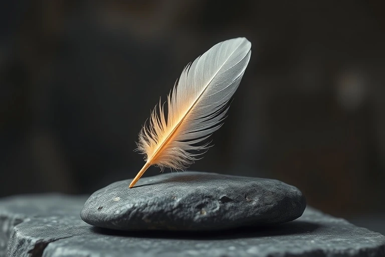 Arte conceptual de una pluma blanca inmaculada cayendo suavemente sobre una piedra pulida, con un sutil aura dorada que emana de ella, simbolizando la presencia y guía divina en una composición minimalista y serena.