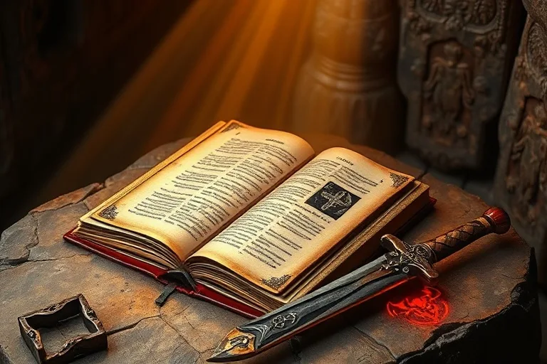 Libro antiguo con escrituras sobre la guerra celestial, una espada rota y un sigilo demoníaco en un altar de piedra.