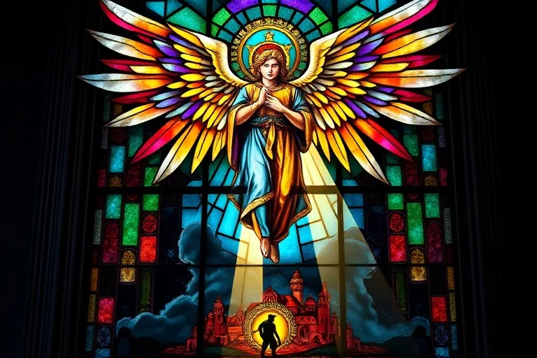 Ventana de vitral medieval con un ángel guardián protegiendo un pueblo, y una sombra demoníaca sutil en las profundidades.