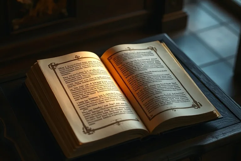 Una página antigua de un manuscrito iluminado abierta sobre un pasaje de seres celestiales, descansando en un altar de madera envejecida. Una luz dorada tenue emana del texto, creando una atmósfera de sabiduría y conocimiento divino.