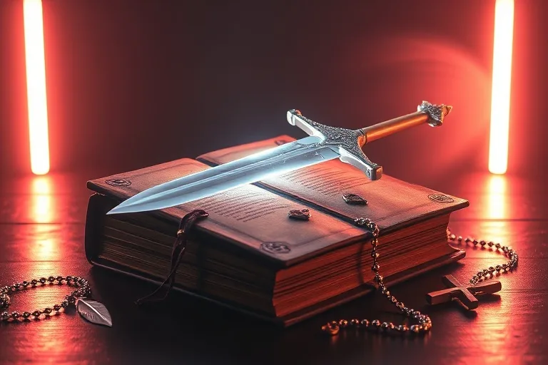 Libro antiguo con una espada de luz, símbolos de protección espiritual.