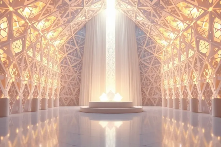 Santuario luminoso con patrones geométricos, evocando paz y presencia divina.