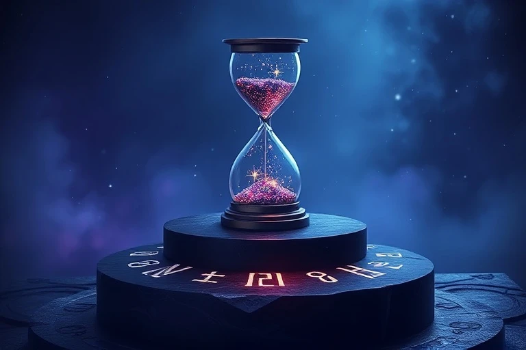 Arte conceptual de un delicado reloj de arena translúcido lleno de polvo de estrellas brillante, de pie sobre un altar de piedra pulida. Alrededor, runas y símbolos tenues y luminosos que representan el tiempo, la guía y la perspicacia espiritual están grabados en la piedra. La atmósfera es mística y contemplativa, con azules y morados profundos.
