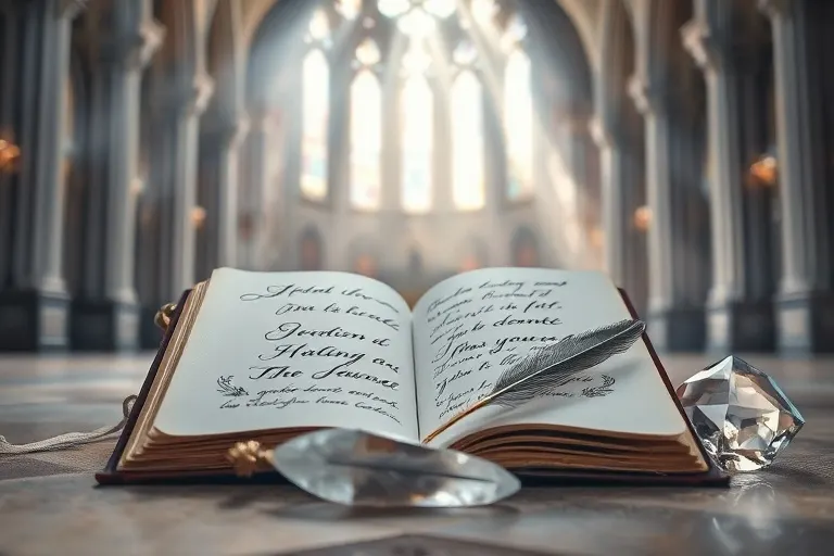 Diario de sueños abierto con escritura fluida y bocetos de alas y estrellas, junto a una pluma antigua y un cristal brillante, en tonos pastel.