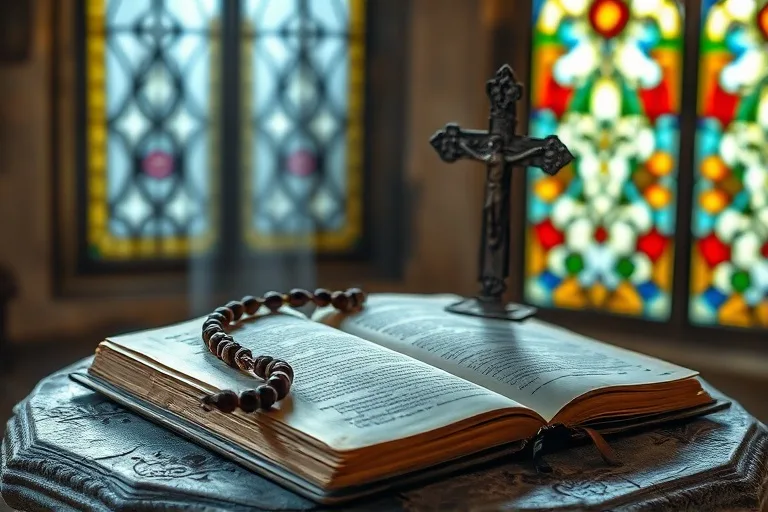 Bodegón cinematográfico: un rosario antiguo sobre una Biblia abierta, con un crucifijo de metal al lado, todo bañado por la luz suave de una ventana con vitrales.