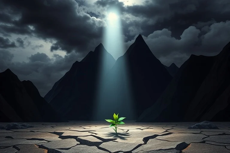 Arte conceptual: un paisaje desolado con montañas oscuras y un cielo tormentoso, donde un tenue rayo de luz divina ilumina un pequeño retoño, simbolizando la esperanza en la lucha.
