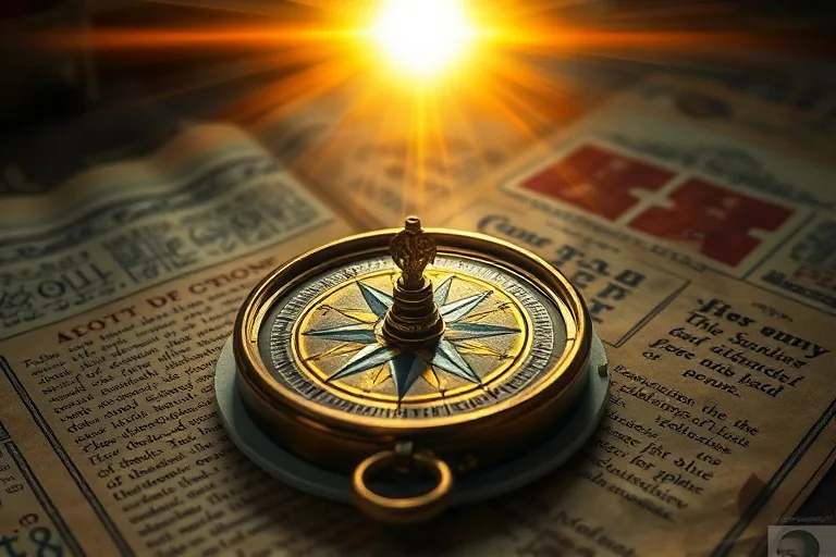 Brújula antigua de latón pulido apuntando hacia una luz brillante, sobre pergaminos con escritura simbólica, evocando guía y protección espiritual.