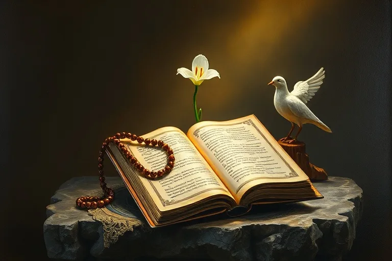 Pintura al óleo de un rosario antiguo sobre un libro de oraciones iluminado, un lirio blanco puro y una paloma de madera tallada en un altar de piedra, simbolizando la intercesión y la devoción.