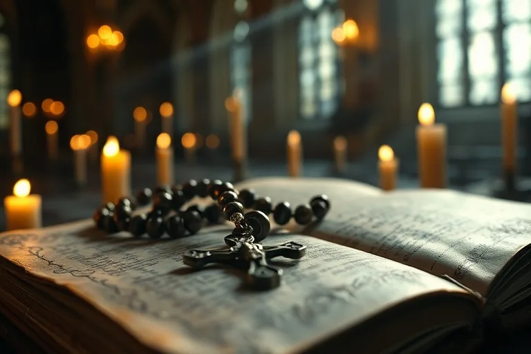 Fotografía macro de un rosario y un diario, iluminados por velas.