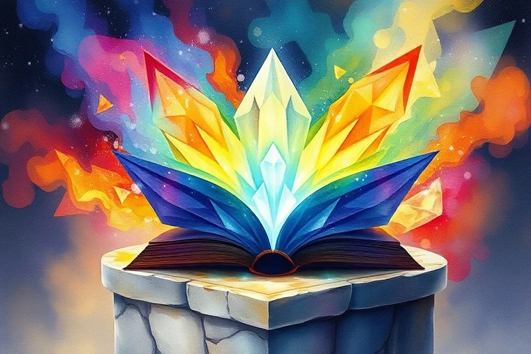 Pintura de acuarela abstracta de energía divina fluyendo a través de estructuras cristalinas, cada una irradiando un color de luz diferente, simbolizando las vibraciones y roles de los coros angélicos. Los colores se mezclan armoniosamente con un brillo etéreo.