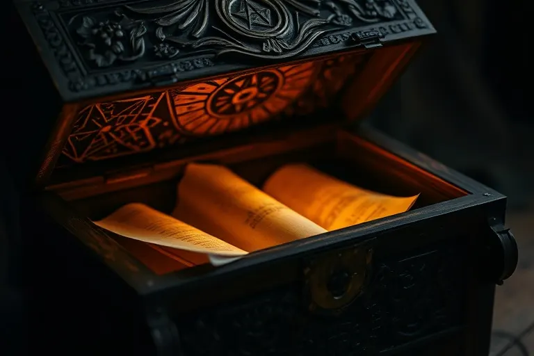 Antique wooden chest revealing glowing scrolls, symbolizing forgotten history and hidden wisdom, macro photograph.