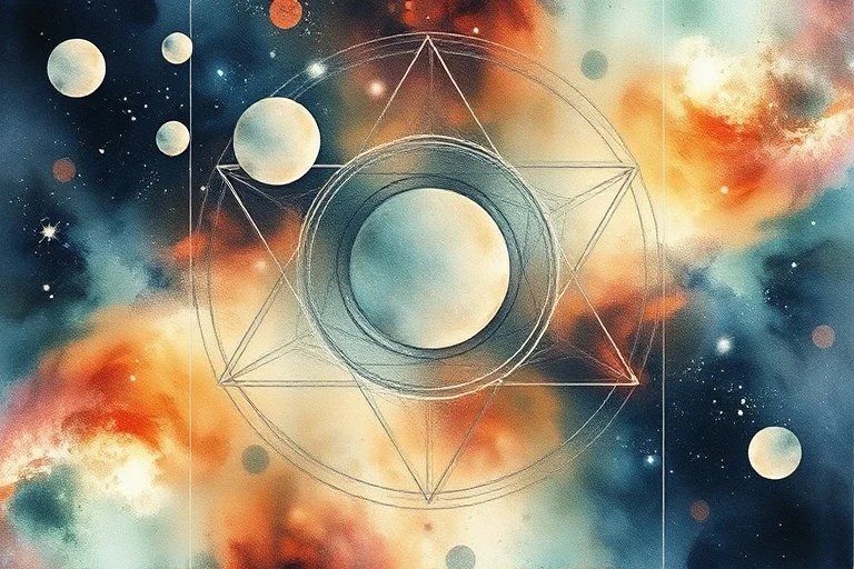 Abstract watercolor painting of interconnected circles and lines in earthy and cosmic hues, representing family history and spiritual inheritance.