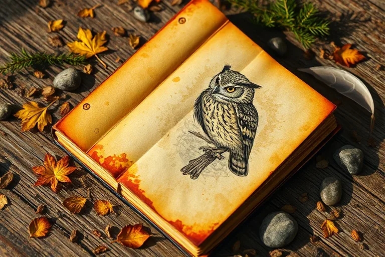 An antique leather journal open to a hand-drawn owl, surrounded by natural elements, symbolizing the discovery of spiritual wisdom.