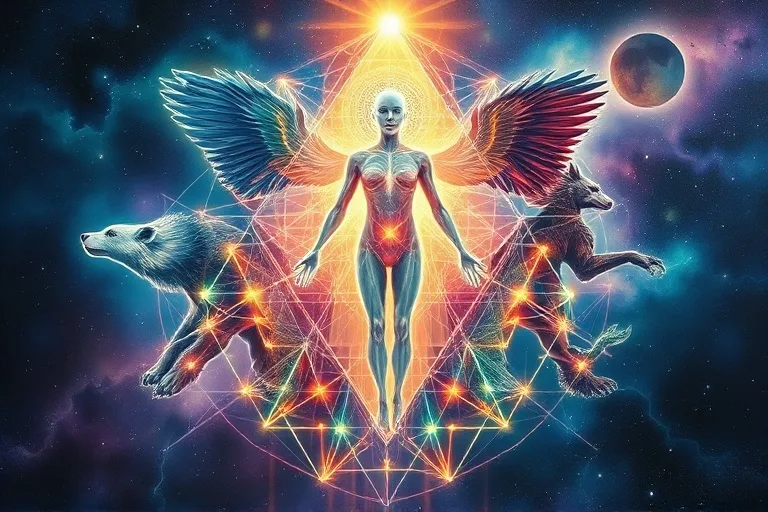 Abstract conceptual painting depicting energy flowing between a symbolic human form and swirling animal shapes, illustrating spiritual connection and power.