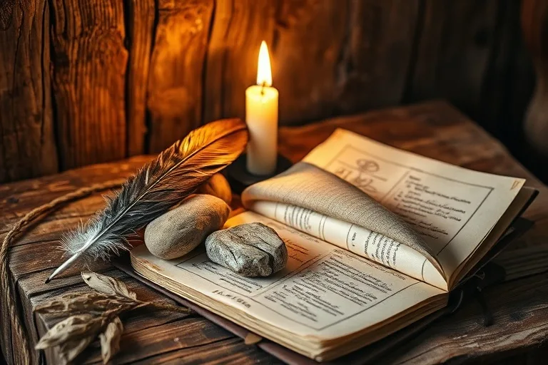 Still life of a rustic altar with a feather, river stone, sage, and open journal, illuminated by candlelight.