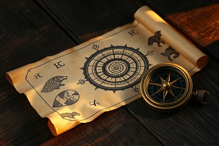 Conceptual photo of an ancient scroll with animal symbols on a weathered wooden table with an antique compass.