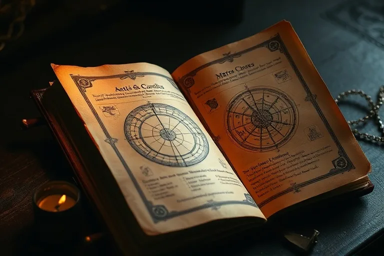 Antique astrology book open to a page with intricate chart drawings, illuminated by a flickering candle.