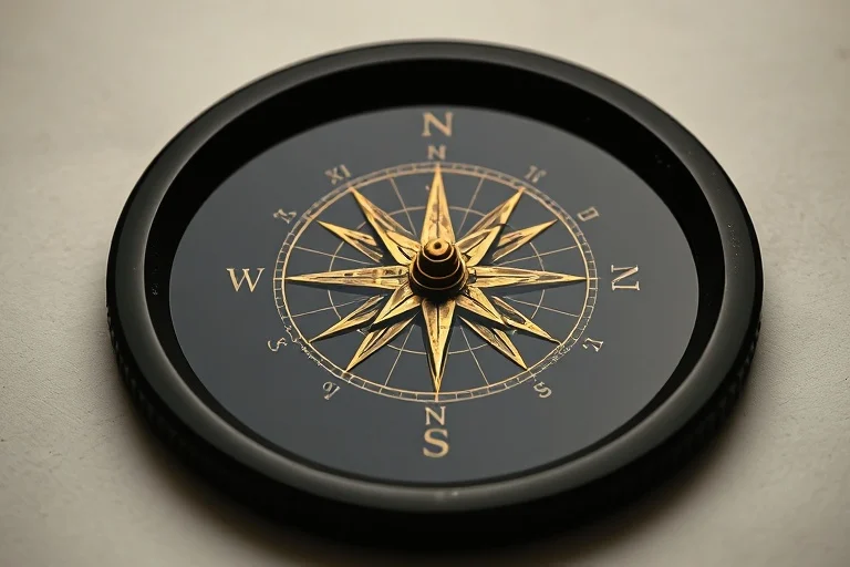 Polished obsidian mirror reflecting an antique compass, symbolizing overt challenges and direct astrological influences.
