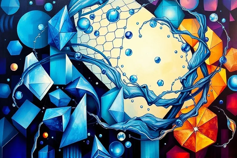 Abstract oil painting of interconnected geometric shapes and flowing water patterns, symbolizing individuality within community and Aquarian ideals.