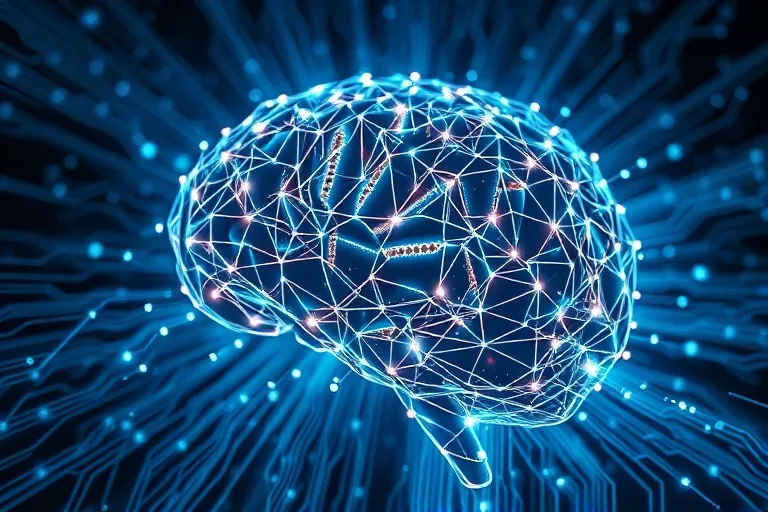 3D digital illustration of a glowing circuit board shaped like a human brain, with data streams, representing intellectual curiosity and the spread of ideas in a macro shot with cool blue and silver tones.