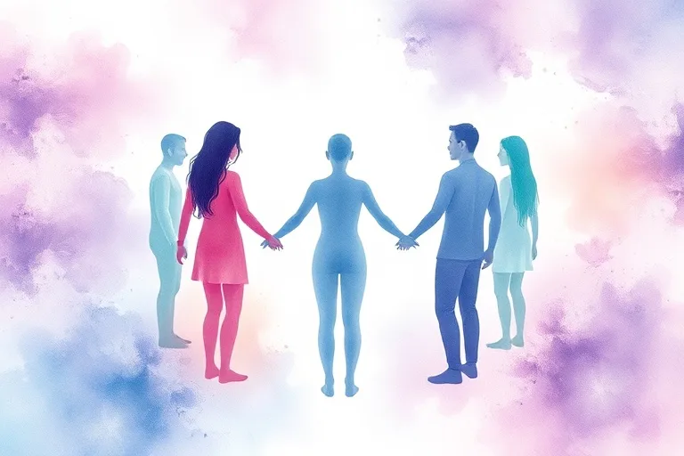 Watercolor painting of abstract interconnected human figures holding hands in a harmonious circle, surrounded by cosmic dust and pastel hues, symbolizing community and shared ideals.