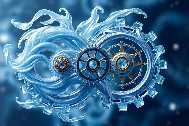 A detailed 3D render of an intricate clockwork mechanism with gears made of flowing air and crystalline ice, perfectly interlocked.
