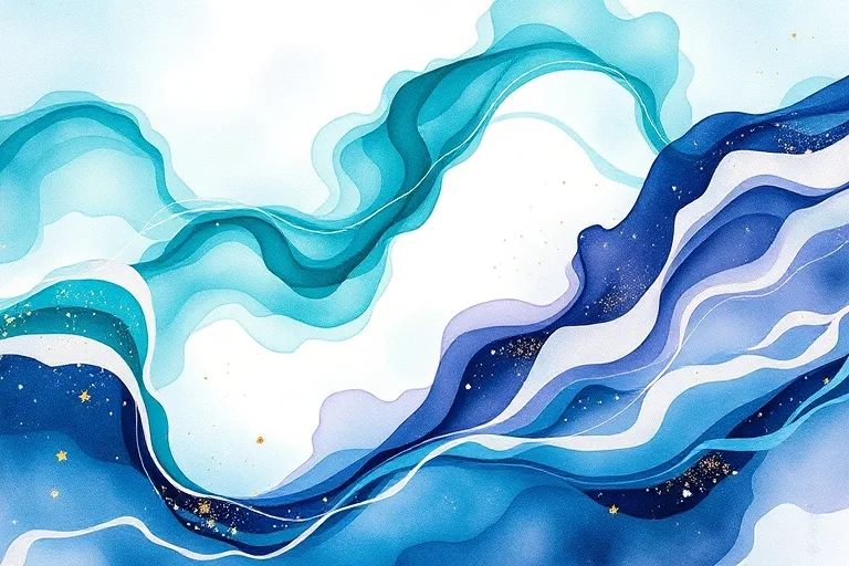 Abstract watercolor painting of flowing water and swirling air currents merging harmoniously with stardust.