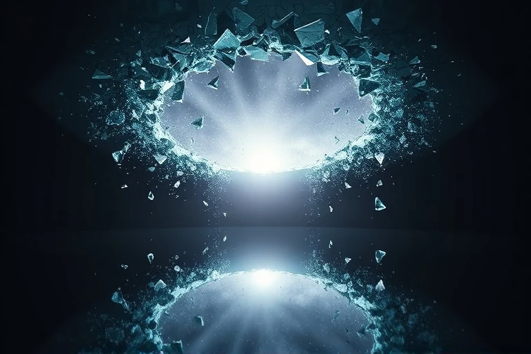 3D render of a shattered glass ceiling with shards falling into a reflective pool, revealing an open sky.