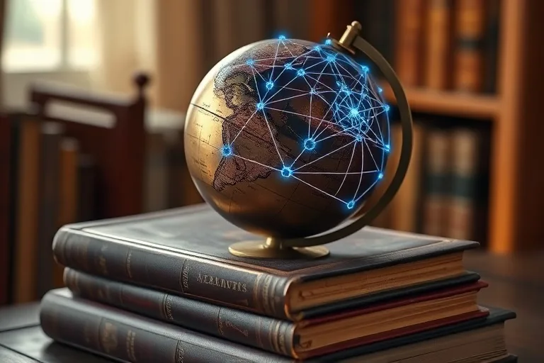 Vintage globe on books with holographic projection of neural network