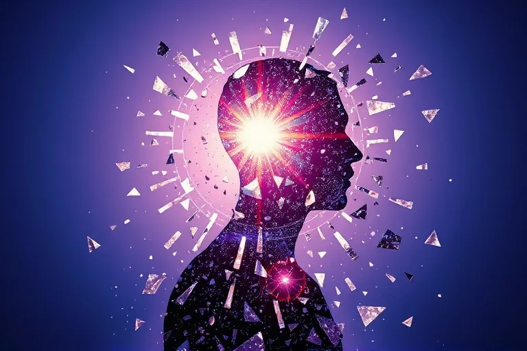 Shattered glass mosaic forming human silhouette with light