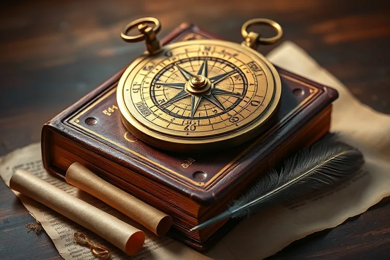 Vintage photograph of an antique brass astrolabe on a leather-bound book with parchment scrolls and a quill pen.