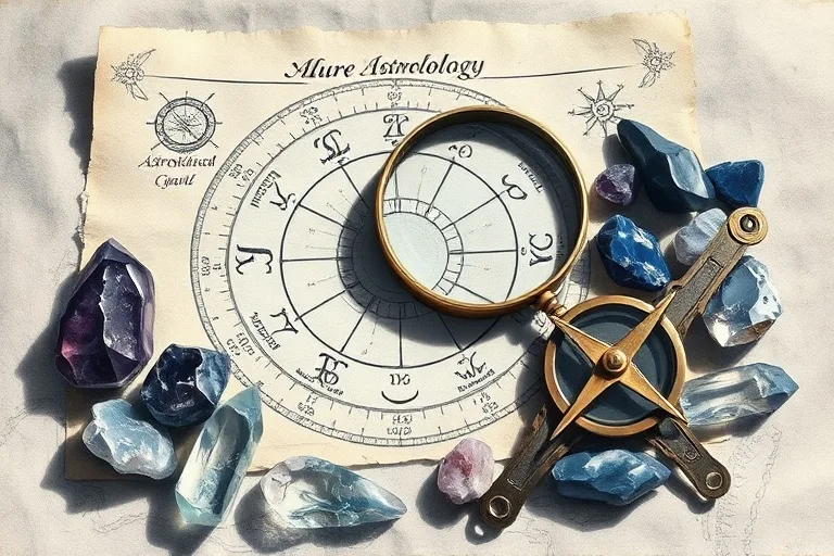 Oil painting of a magnifying glass over a hand-drawn birth chart, surrounded by crystals and a compass.